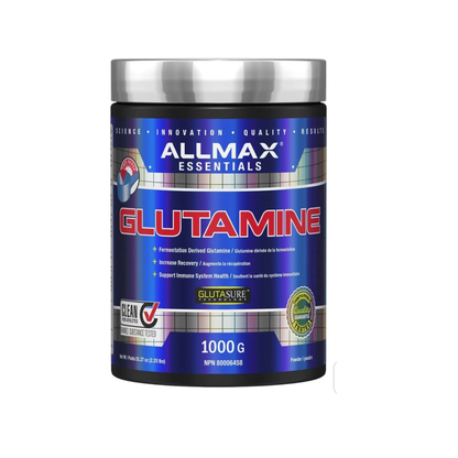 AllMax Glutamine 1000g container showing white powder supplement for muscle recovery and immune support.