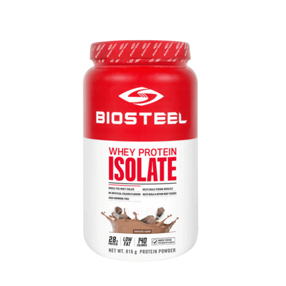 Biosteel 100% Whey Isolate Protein Powder container with label showing nutritional info and brand logo.