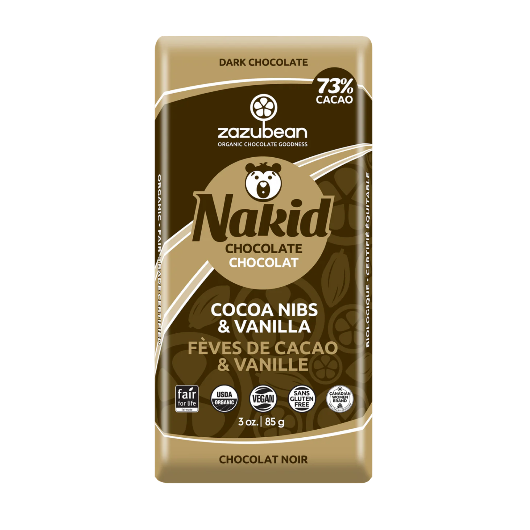 Horizon Wellness & Grocery Zazubean Chocolate bar with dark chocolate and organic ingredients, shown in a close-up image.