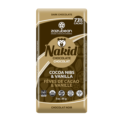 Horizon Wellness & Grocery Zazubean Chocolate bar with dark chocolate and organic ingredients, shown in a close-up image.