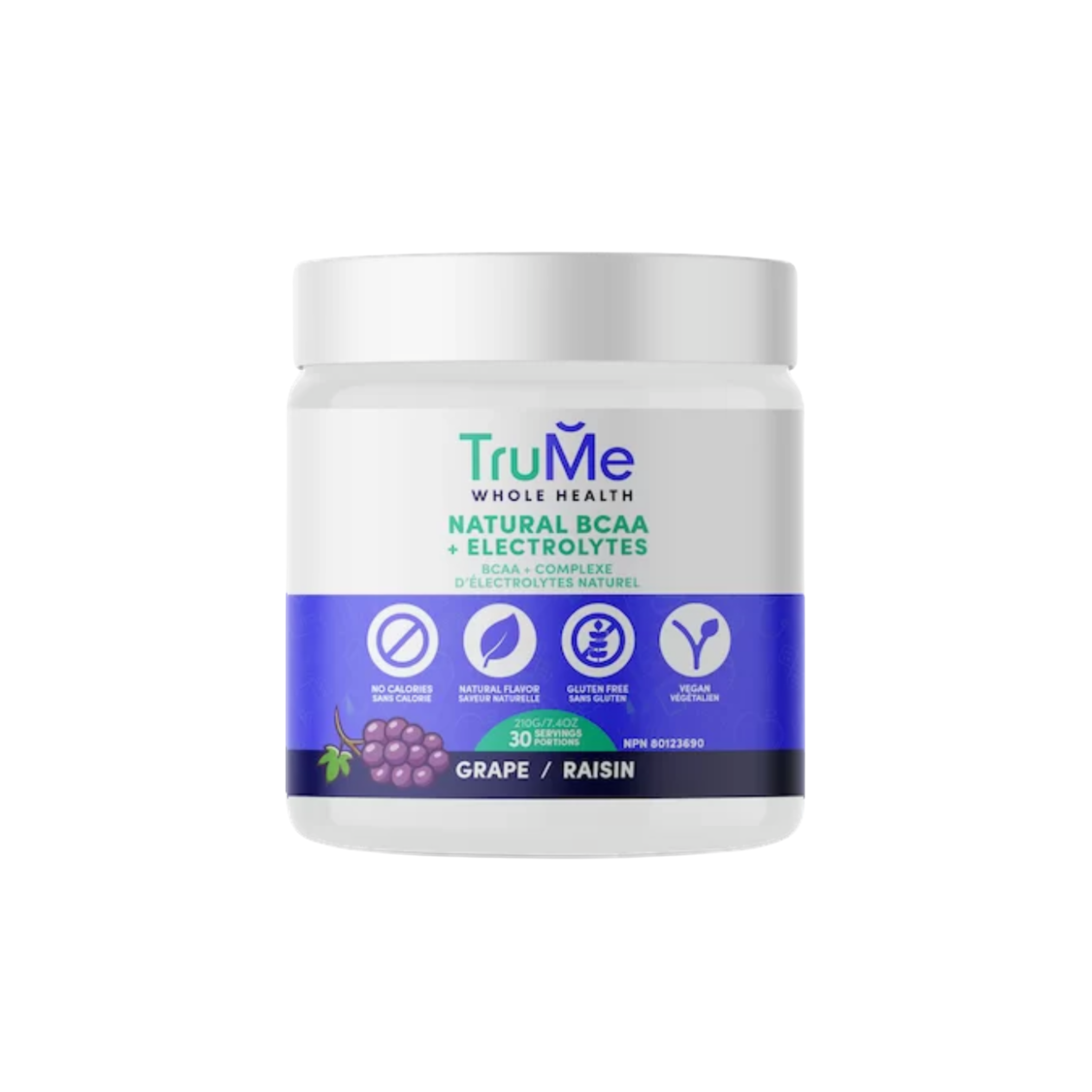 TruMe BCAA + Electrolytes supplement bottle with label showing product name and colorful design, highlighting amino acids and hydration support.
