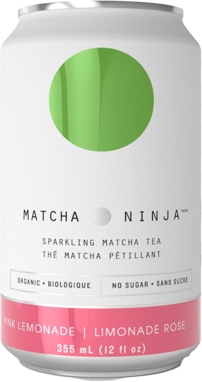 Matcha Ninja Pink Lemonade Sparkling Soda can with pink and green design, showcasing the colorful beverage label.