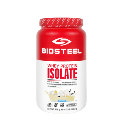 Biosteel 100% Whey Isolate Protein Powder container with label and scoop, showcasing the supplement's packaging.