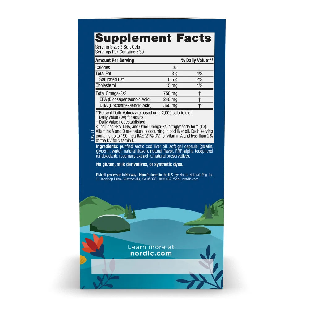 Nordic Naturals Arctic Cod Liver Oil 750mg Omega-3 Soft Gels - 90 Capsules