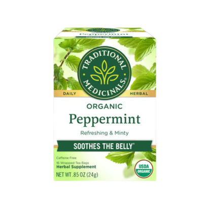 Traditional Medicinals herbal tea box with 16 tea bags, featuring natural packaging and product branding visible.