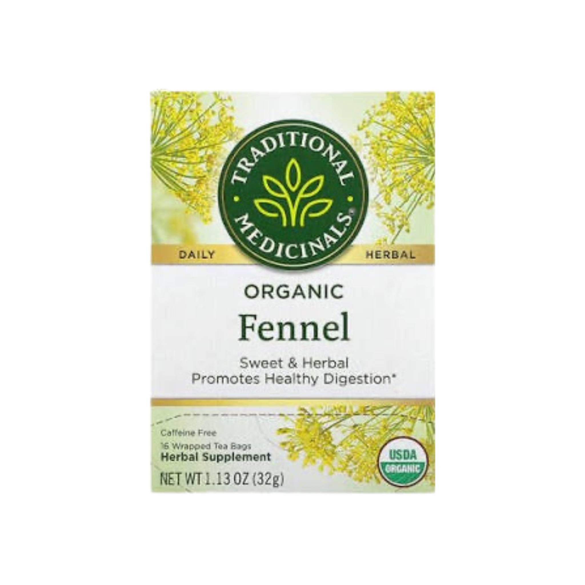 Traditional Medicinals herbal tea box with 16 tea bags, featuring natural packaging and product branding.
