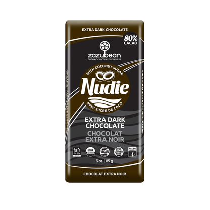 Horizon Wellness & Grocery Zazubean chocolate bar with dark chocolate and natural ingredients, showing the packaging and chocolate pieces.