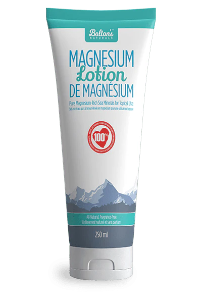 Topical magnesium chloride gel from Bolton's Naturals for muscle relief, shown in a clear container with a white label.