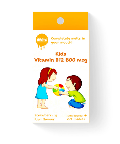 Nutra Meltz Vitamin B12 quick-dissolving tablets in blister pack, showing the tablets ready to dissolve under the tongue.
