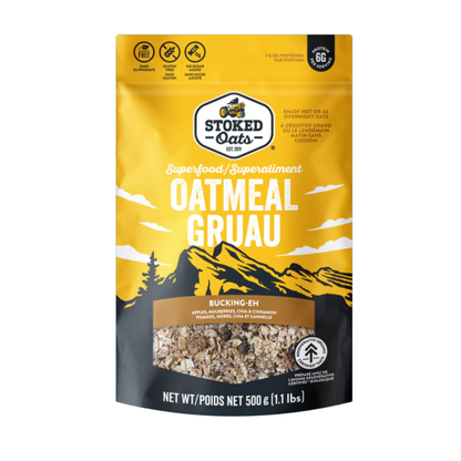Stoked Oats Mountain Maple oatmeal blend in 500g package, showing a bowl of ready-to-eat oatmeal with maple syrup and oats