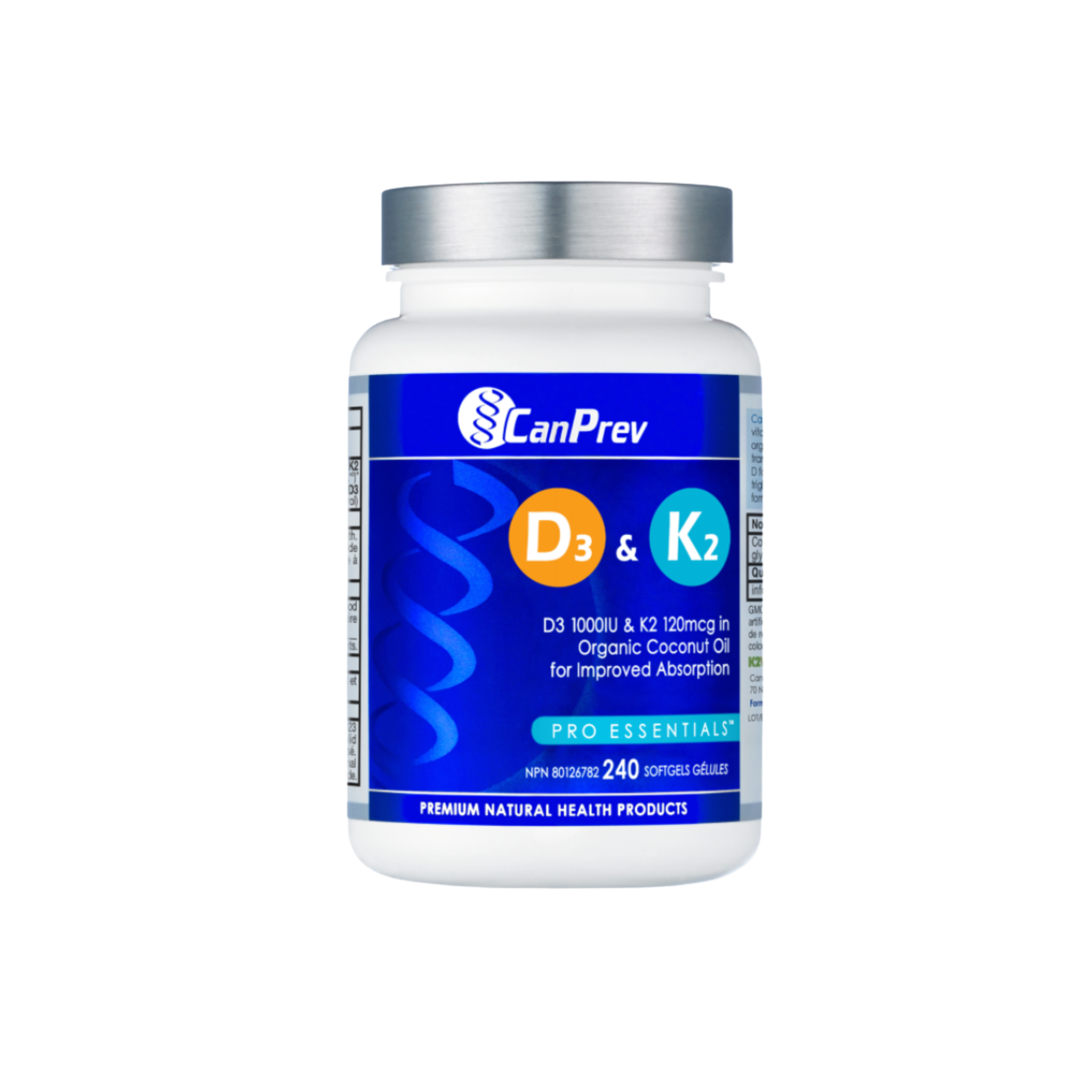 CanPrev D3 & K2 softgels for bone health, calcium support, and immune system boost. Softgel capsules with supplement label visible.