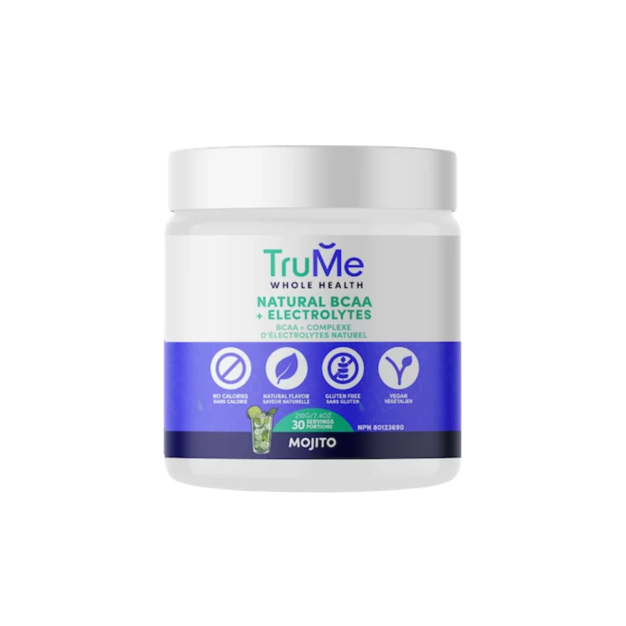 TruMe BCAA + Electrolytes supplement container with colorful label, showing the product's focus on muscle recovery and hydration.