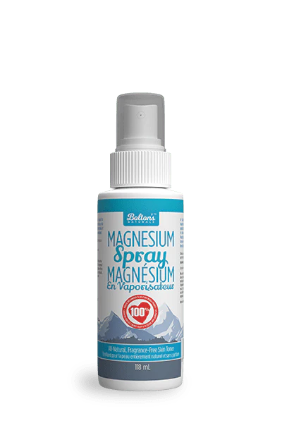 Bottle of Bolton's Naturals Magnesium Chloride topical solution for muscle relief, with a dropper and labels visible.