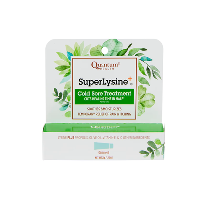 Purity Life Quantum Super Lipcare Lysine Coldstick showing the lip balm stick with packaging and product label.