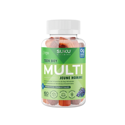 Suku Teen Multivitamin Gummy bottle with colorful gummy vitamins in a clear container, highlighting the Suku Vitamins brand.
