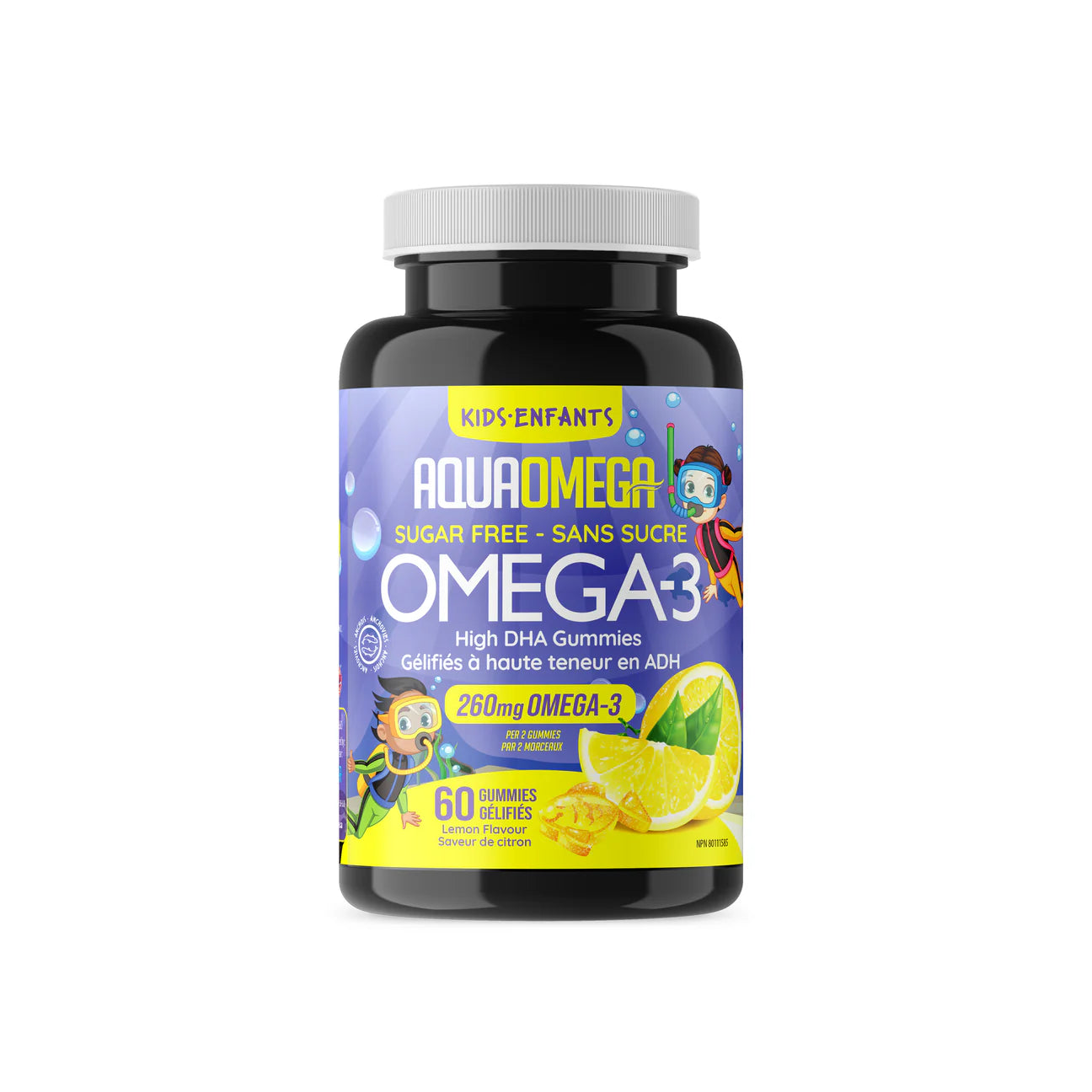 AquaOmega Kids High DHA Omega-3 Gummies - 60 Chewable - Lemon