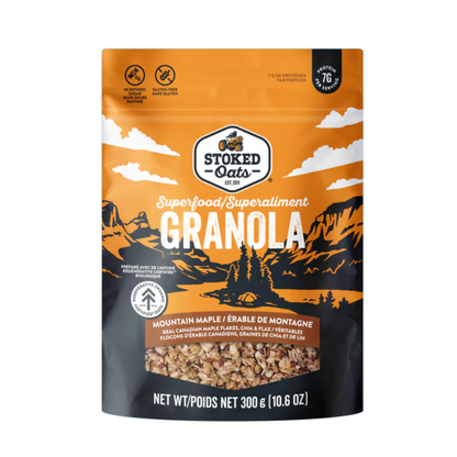 Stoked Oats Granola Blend 300g package with a label showing crunchy oats and nuts in a resealable bag.
