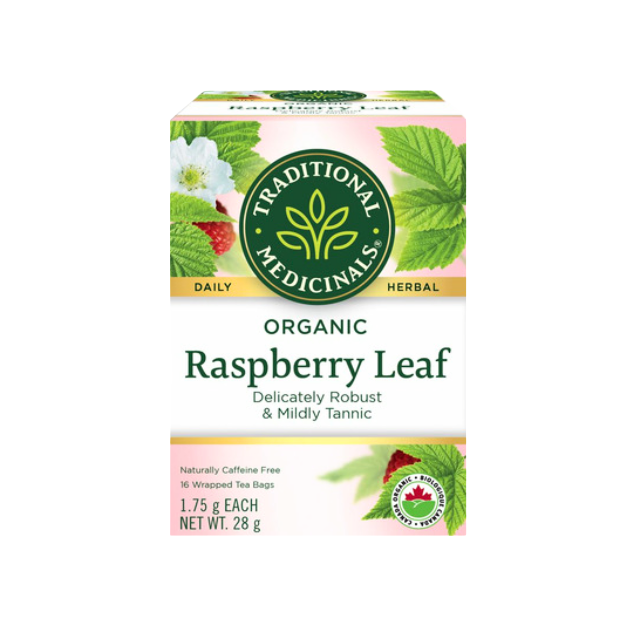 Traditional Medicinals herbal tea box with 16 tea bags, featuring natural ingredients in a colorful packaging design.