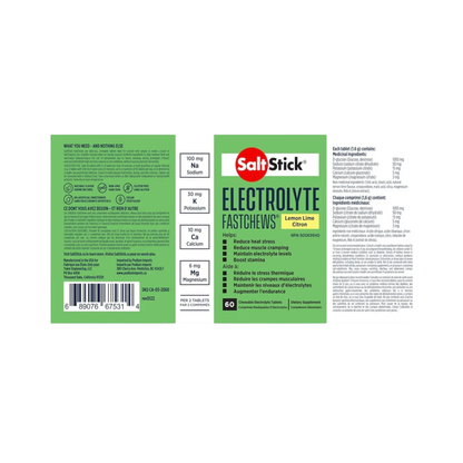 Eldr Salt Stick FastChews 60 electrolyte supplement chews in a colorful package for hydration and muscle support.