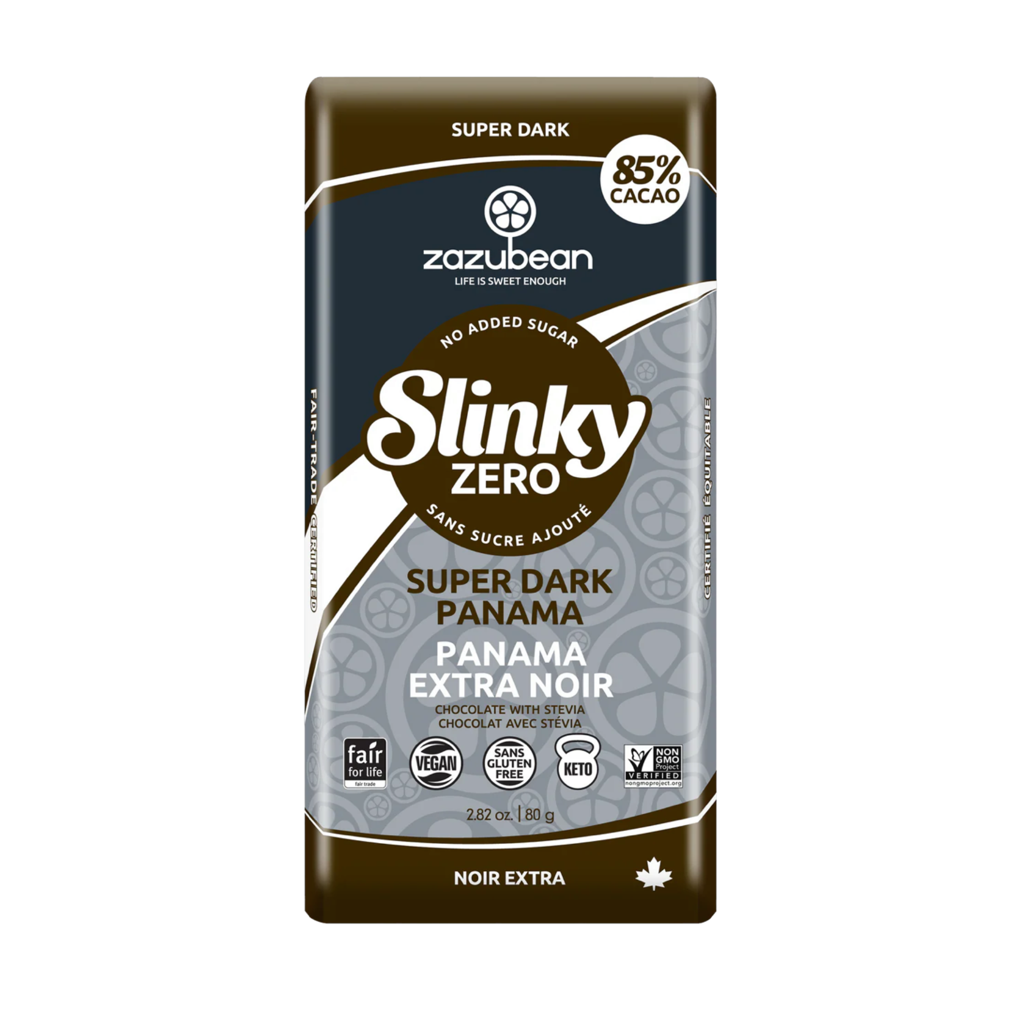 Horizon Wellness & Grocery Zazubean Chocolate bar with rich cocoa, displayed on a wooden surface with cocoa beans scattered around.