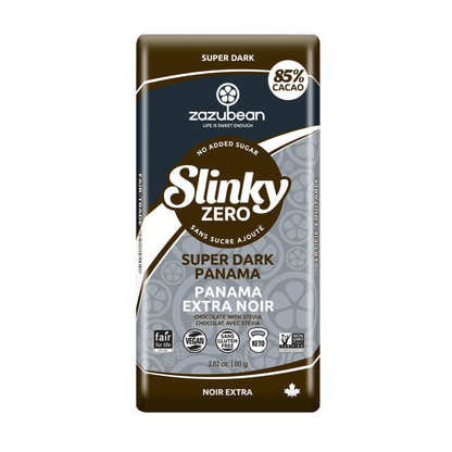 Horizon Wellness & Grocery Zazubean Chocolate bar with rich cocoa, displayed on a wooden surface with cocoa beans scattered around.