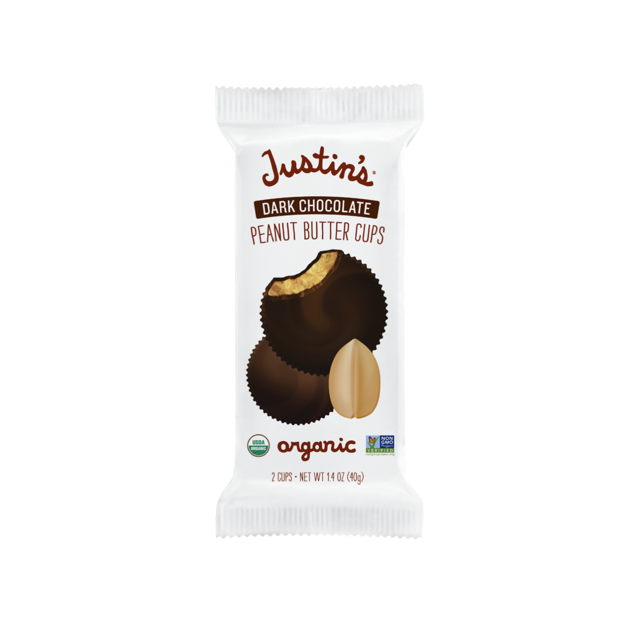 Justin’s dark chocolate peanut butter cup, creamy peanut butter filling coated in rich dark chocolate, on a white background.