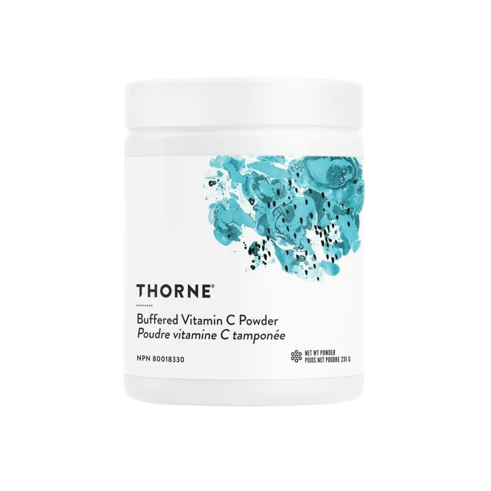 Thorne Buffered C Powder vitamin C supplement in a scoop, used for immune support and antioxidant health, shown in a close-up image.
