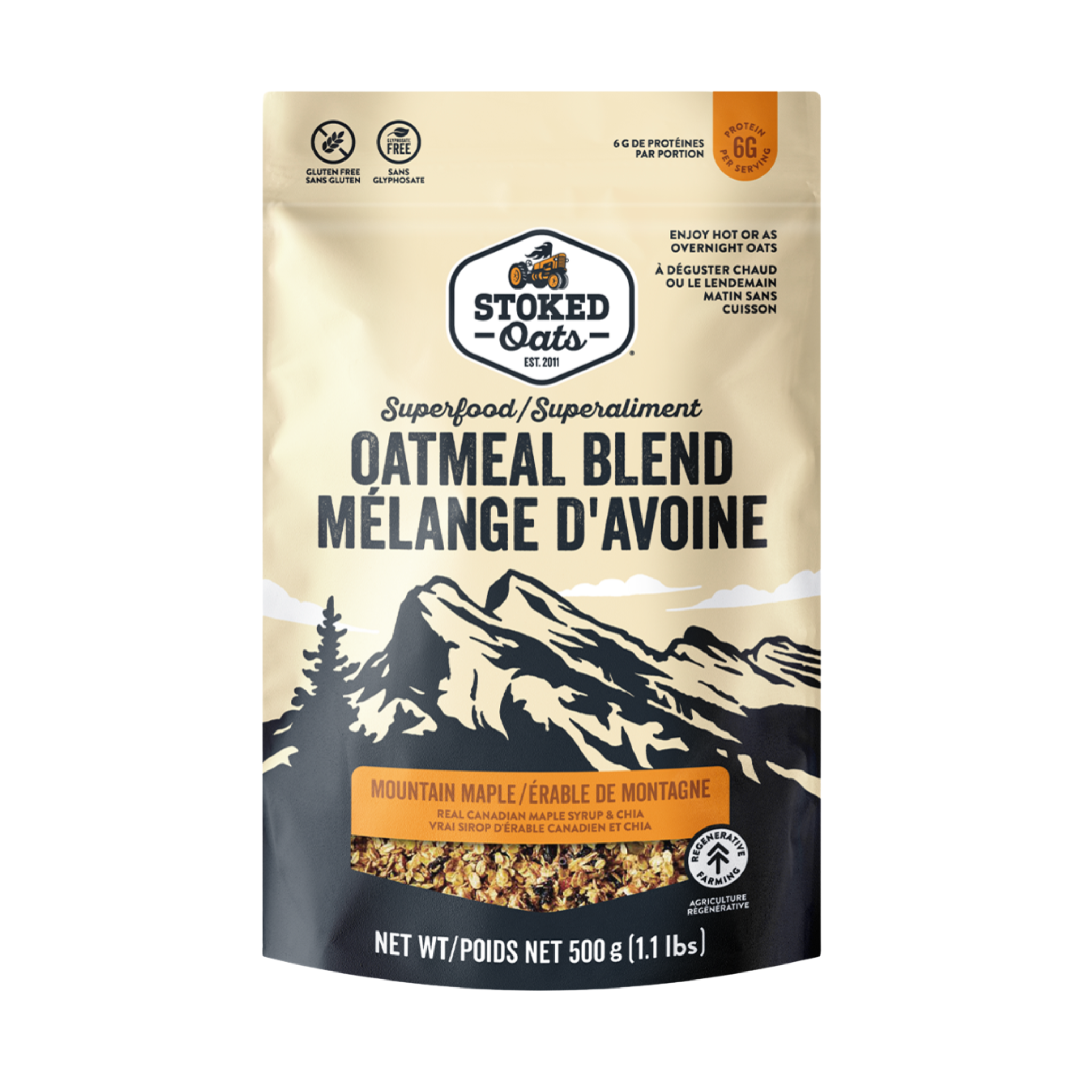 Stoked Oats Mountain Maple oatmeal blend in a 500g package, showing a bowl of prepared oatmeal with mountain maple flavor.