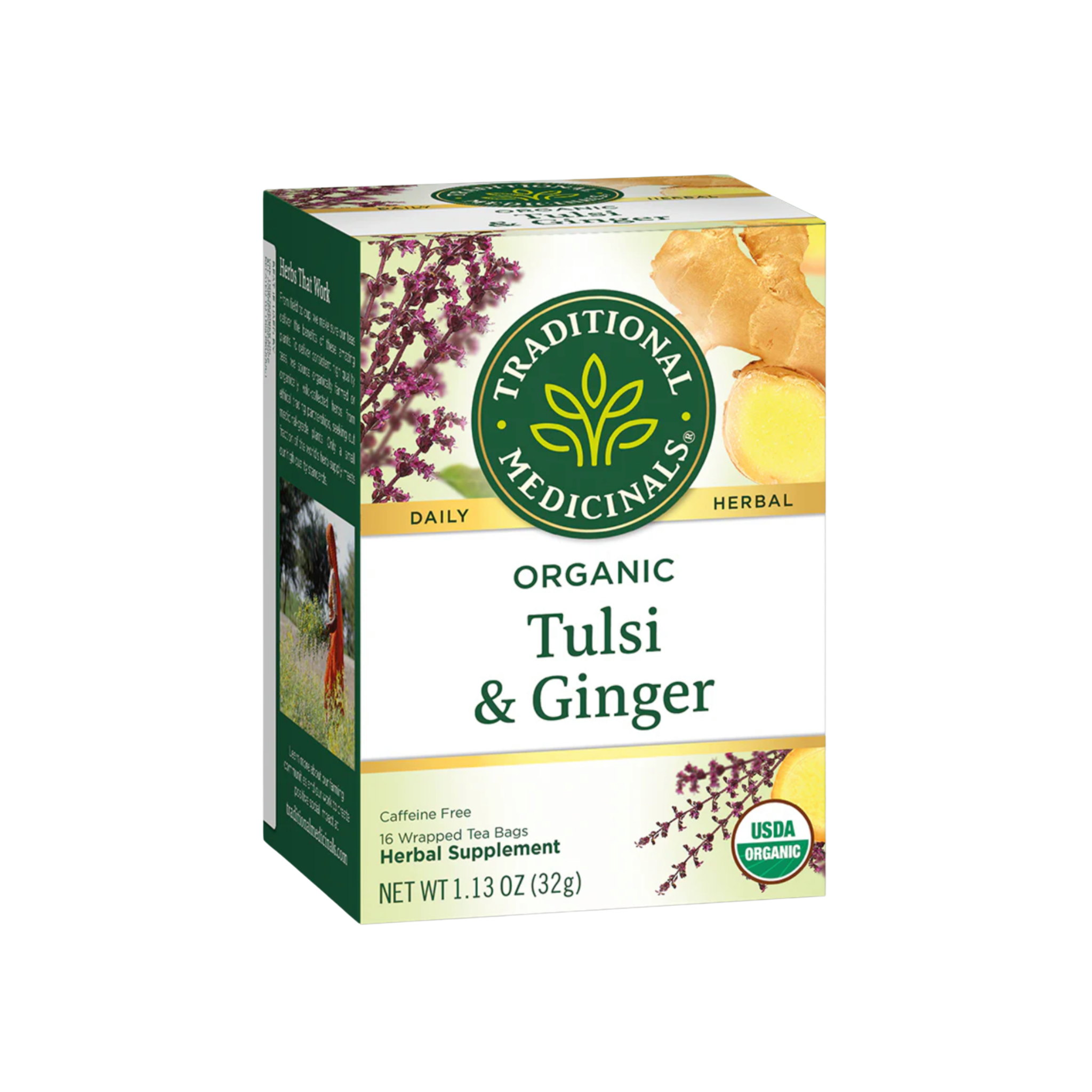 Traditional Medicinals herbal tea box with 16 tea bags, featuring natural packaging and fresh tea leaves.