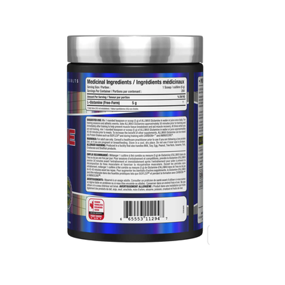 AllMax Glutamine 1000g container with white label and blue accents showing supplement powder inside.
