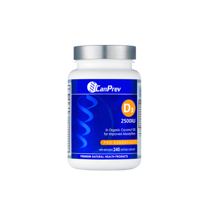 CanPrev Vitamin D3 2500 IU bottle with label, supplement for immune, bone, and daily health support.