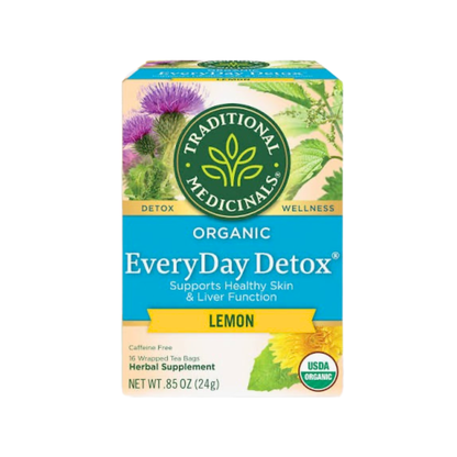 Traditional Medicinals herbal tea box with 16 tea bags, featuring natural ingredients and traditional medicinal herbal blend.