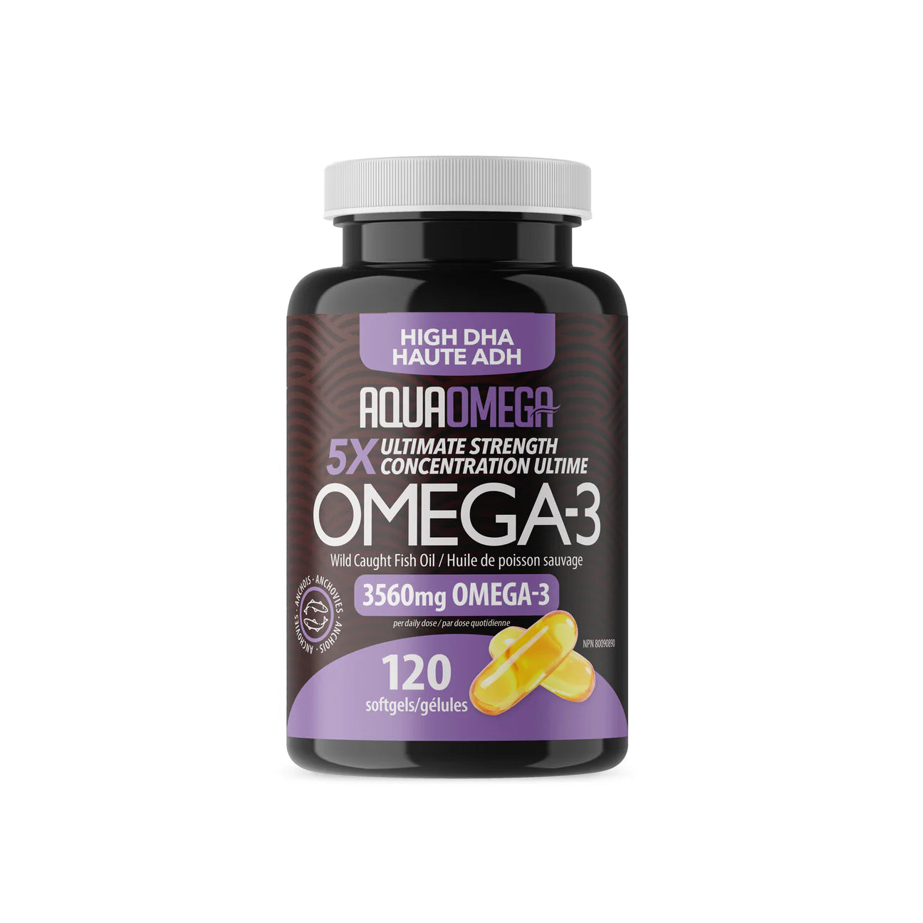 AquaOmega 5X Ultimate Strength High DHA Omega-3 supplement bottle with capsules, featuring branding and label details.