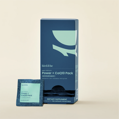 Bird&Be Male Fertility Power Pack with CoQ10 supplement showing capsules and packaging for sperm motility and energy support.