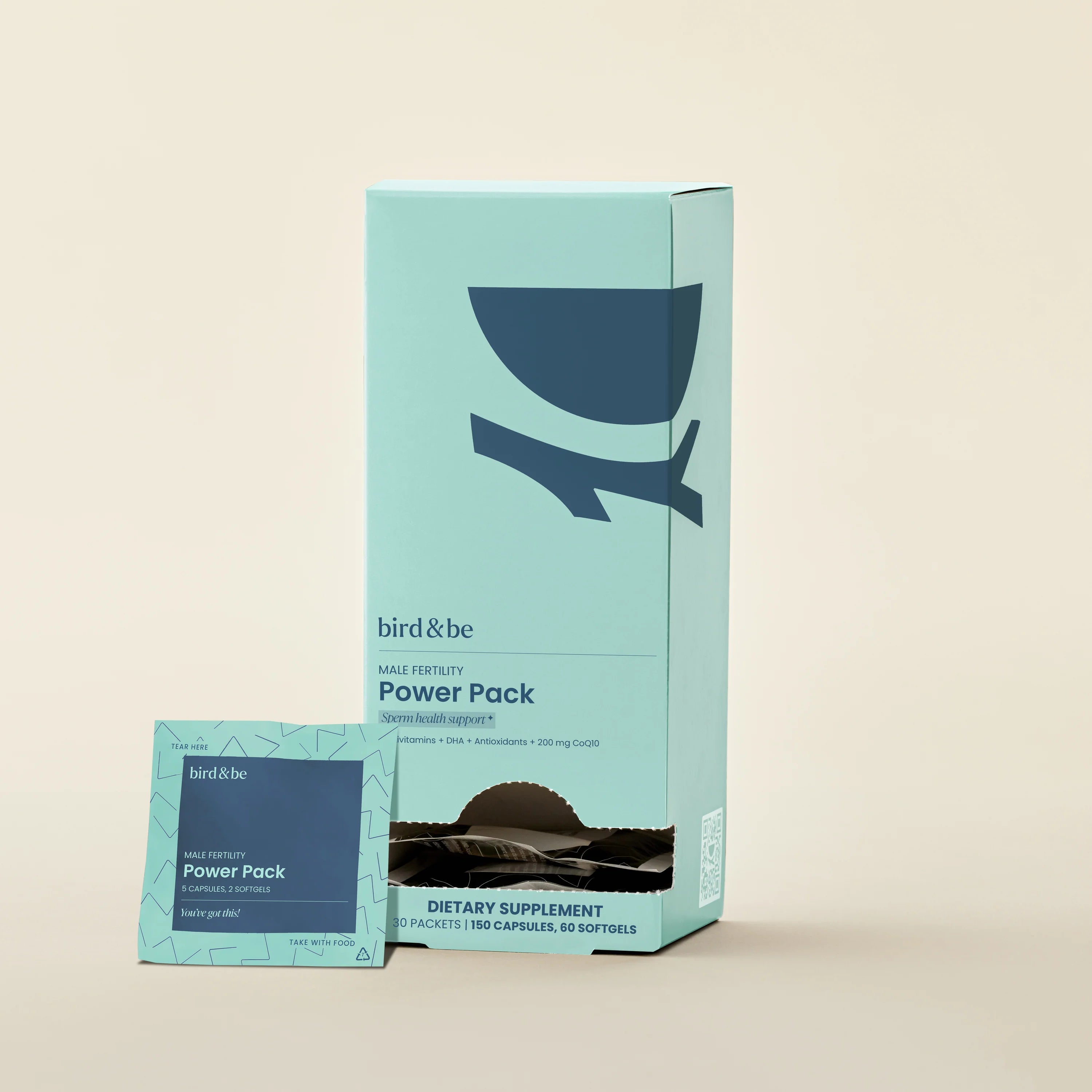 Bird&Be Male Fertility Power Pack sachet showing supplement packaging for sperm health, motility, and fertility support.