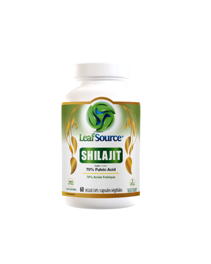 LeafSource Shilajit with fulvic and humic acids, natural supplement in a jar with black and gold labeling.