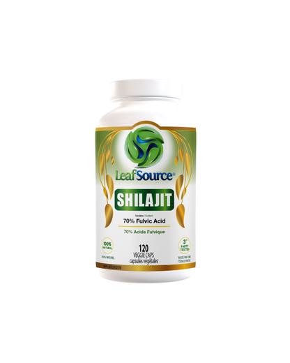 LeafSource Shilajit with fulvic and humic acids, natural supplement in a glass jar with a wooden spoon and herbal ingredients.