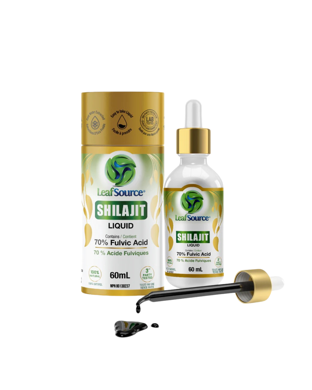 LeafSource Shilajit with fulvic and humic acids, natural supplement in a jar with dark resin-like shilajit material.