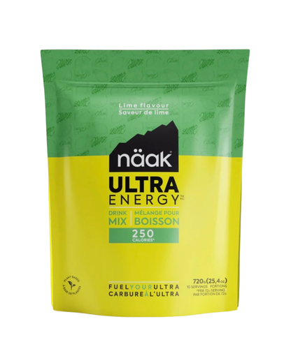 Näak Ultra Energy Drink Mix 720g container, showing the colorful label and scoop for hydration and endurance fueling.
