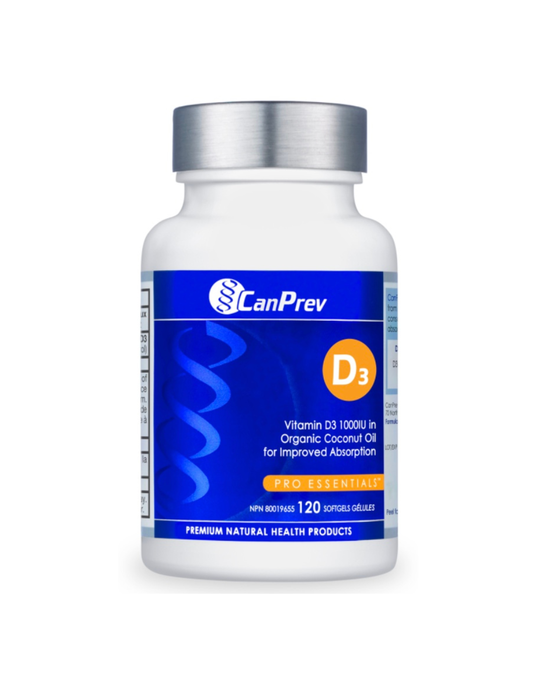 CanPrev Vitamin D3 1000 IU supplement in organic coconut oil, shown in a clear bottle with label, for immune and bone support.