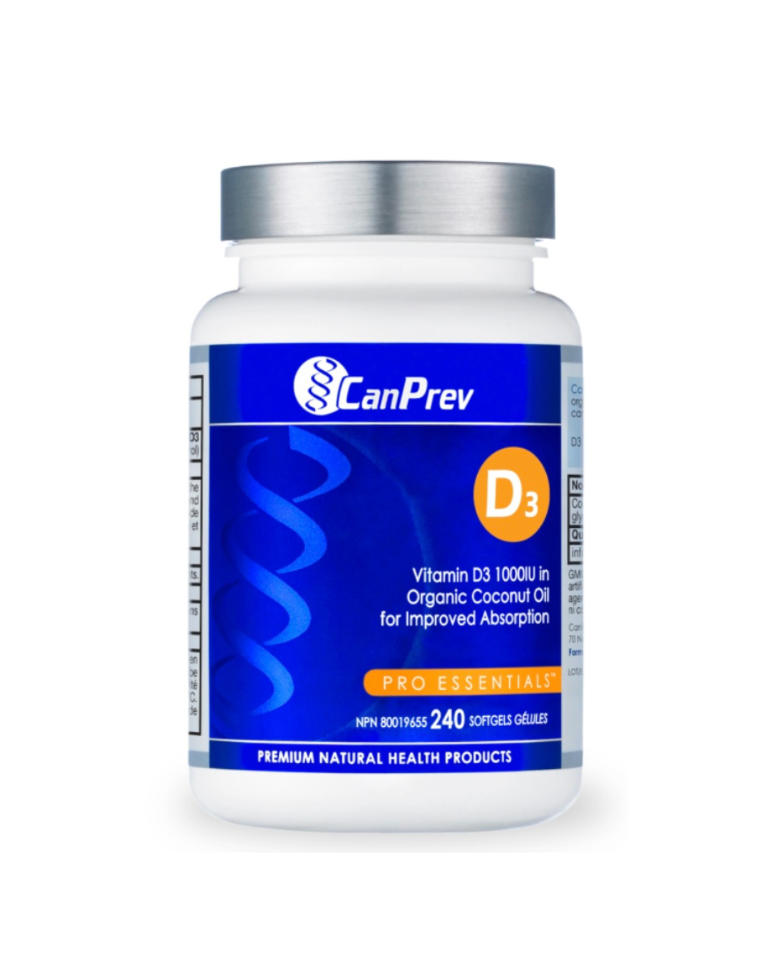 CanPrev Vitamin D3 1000 IU supplement in organic coconut oil, showing a bottle with a label and a natural background.