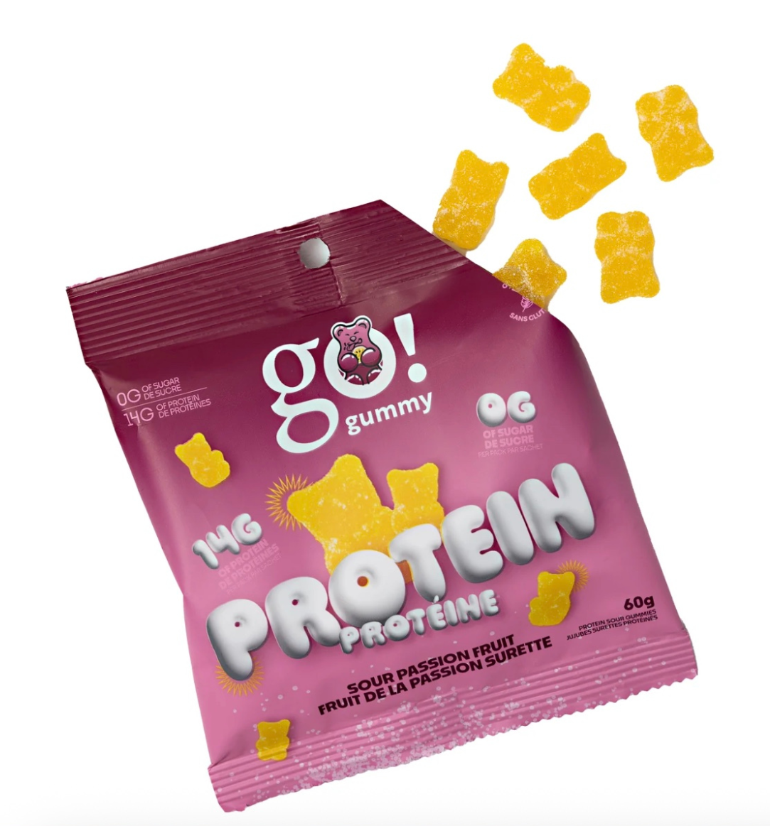 Go Nutrition Go Gummy Protein snack in 60g with high protein and zero sugar, featuring colorful gummy candies in a clear container.
