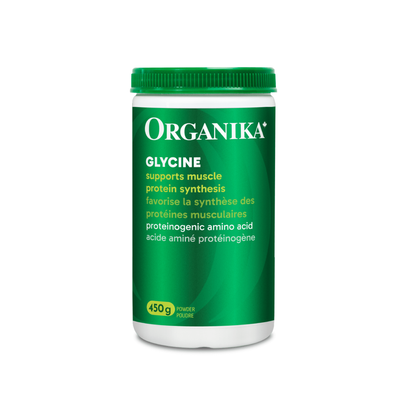 Organika Glycine supplement bottle with white cap and label, designed for sleep, recovery, and nervous system support.