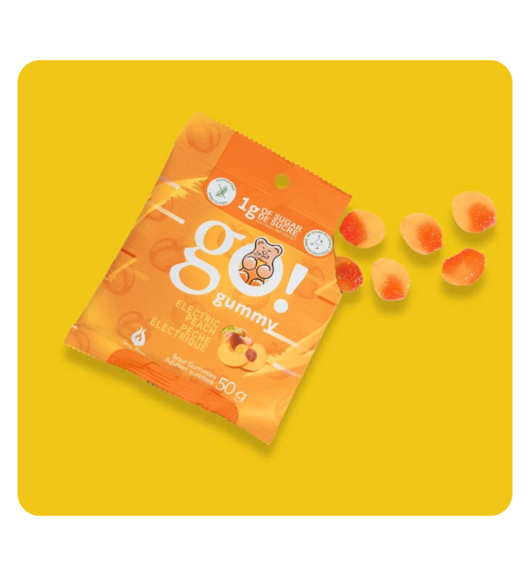 Colorful Go! Gummy candy bag featuring assorted gummy shapes and vibrant packaging.