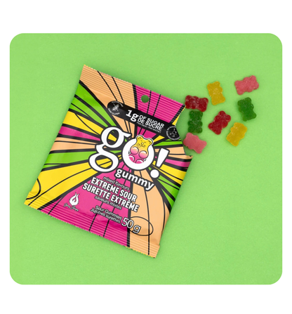 Colorful Go! Gummy fruit chews in various flavors, shaped into playful gummy candies with vibrant colors and a glossy finish.