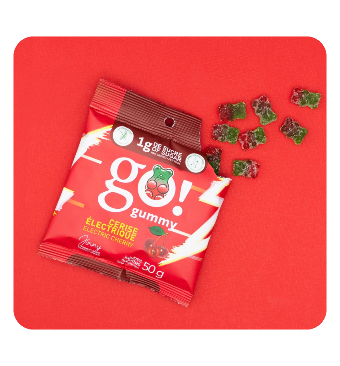 Colorful Go! Gummy candy in various shapes and flavors, showcasing the vibrant packaging and assortment of gummy treats.