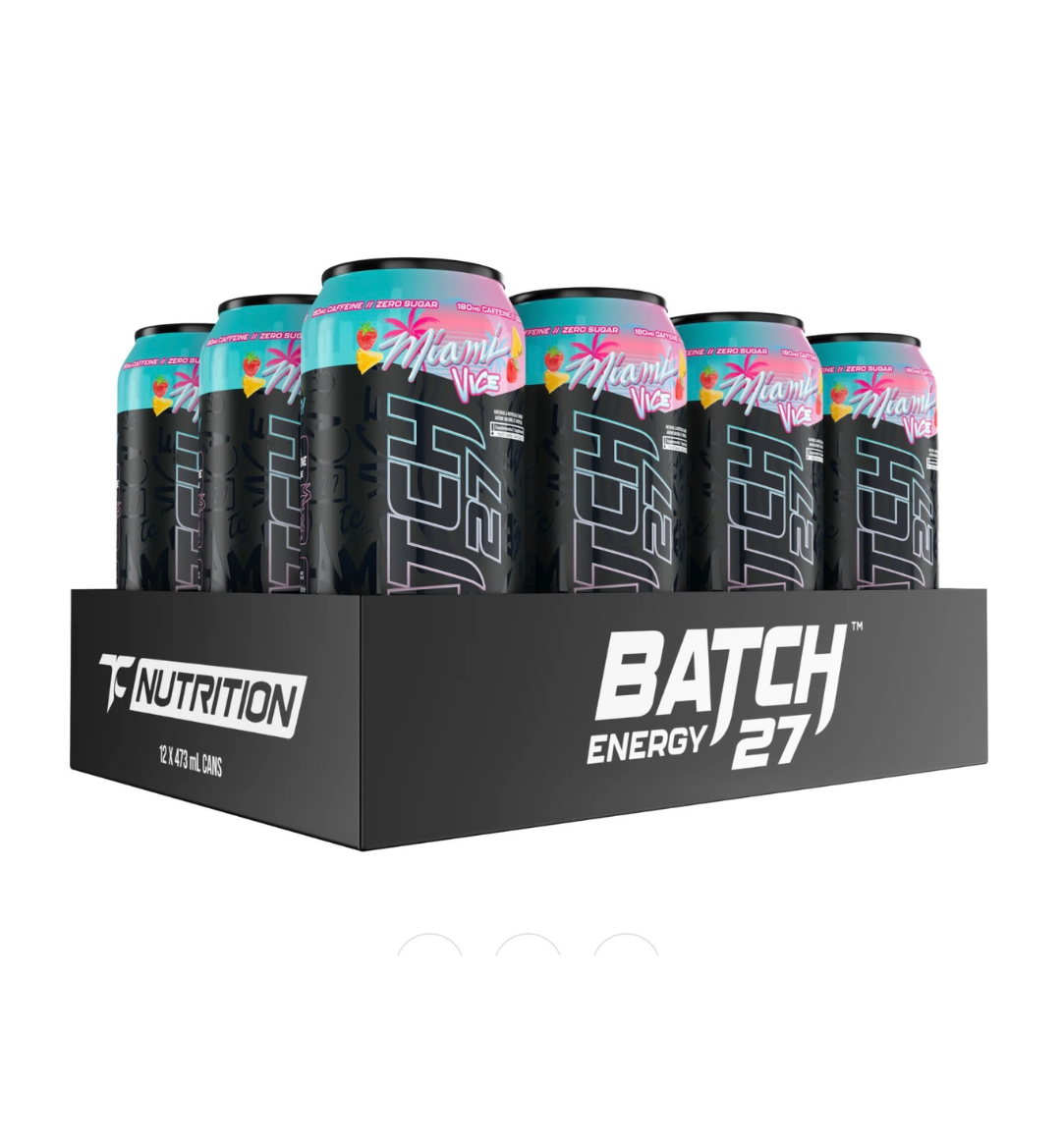 Batch 27 Energy Drink by TC Nutrition, a vibrant can with bold branding, featuring a sleek design and energetic color scheme.