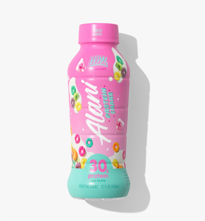 Alani Nu Protein Shake in a clear bottle with chocolate flavor and a white cap, featuring the Alani Nu logo on the label.