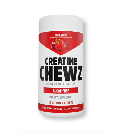 PVL Creatine Chews for muscle strength, recovery, and performance support, showing the chewable supplement in a colorful package.