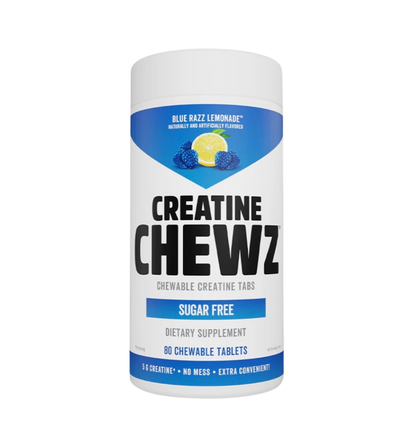 PVL Creatine Chews in a clear container, showing orange-flavored muscle strength, recovery, and performance support supplement.